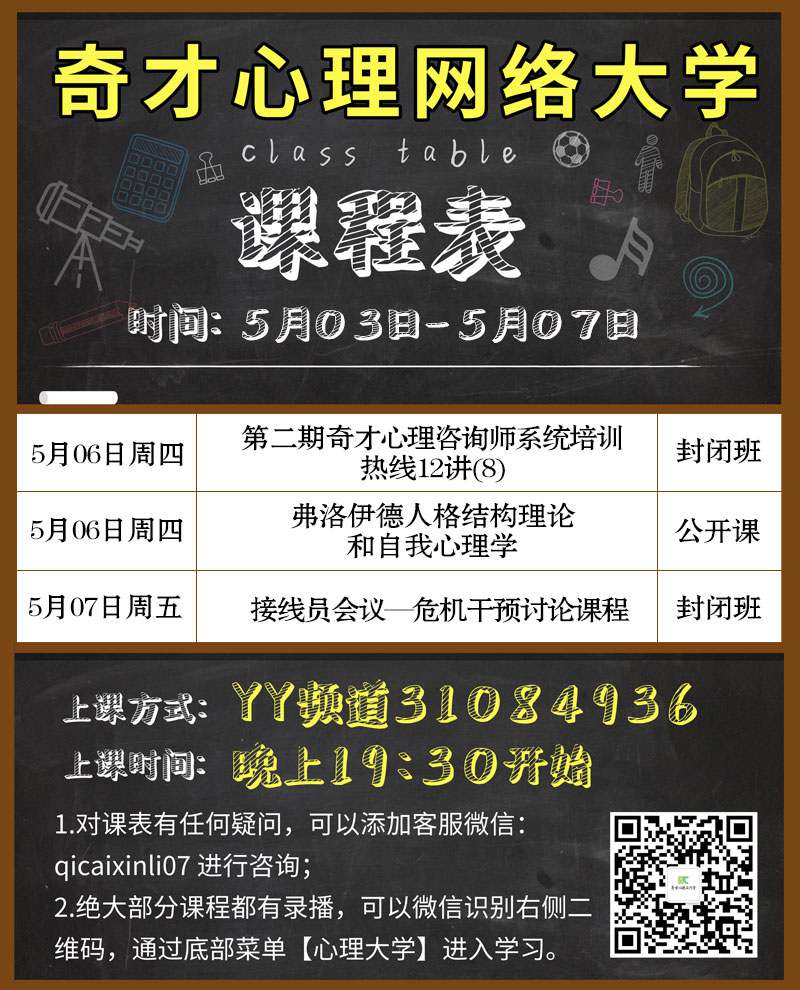 奇才心理网络大学：2021.05.03-05.07课程表